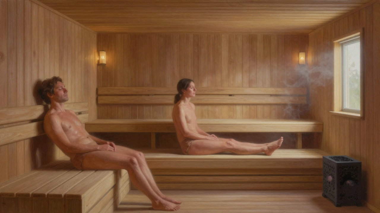 Трое людей в сауне в молчаливом отдыхе, деревянные скамейки на расстоянии, мягкий пар, отсутствие света и техники, атмосфера уединения.