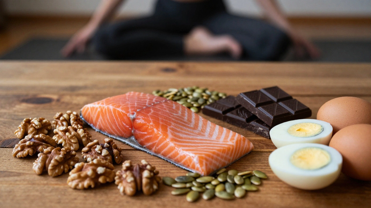 Здоровая пища на столе: лосось, грецкие орехи и яйца для поддержки мужского здоровья.