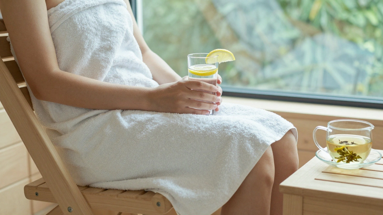 Человек отдыхает в зоне релакса с водой и травяным чаем после сауны