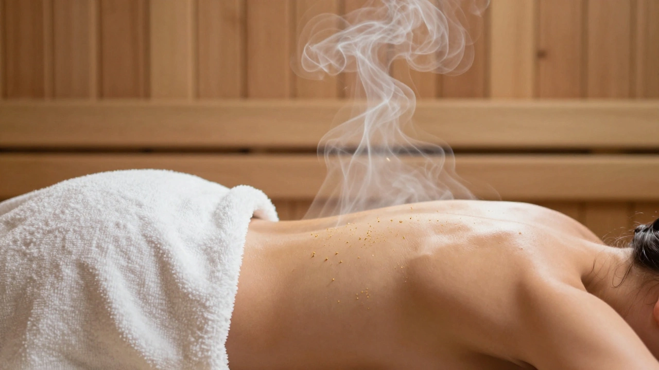 Человек в льняном полотенце в окружении очищающего пара в сауне