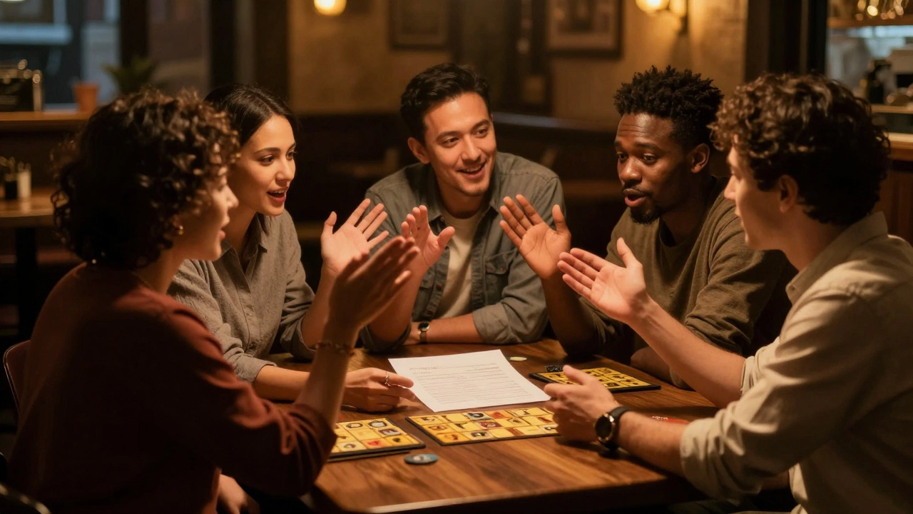 Группа взрослых людей увлеченно обсуждает ответы во время интеллектуального квиза