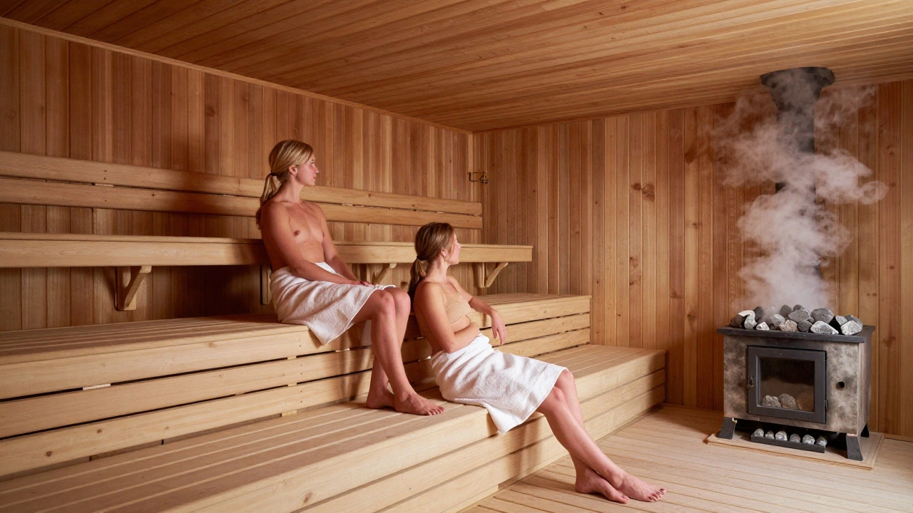Интерьер традиционной финской сауны с людьми в натуральных полотенцах