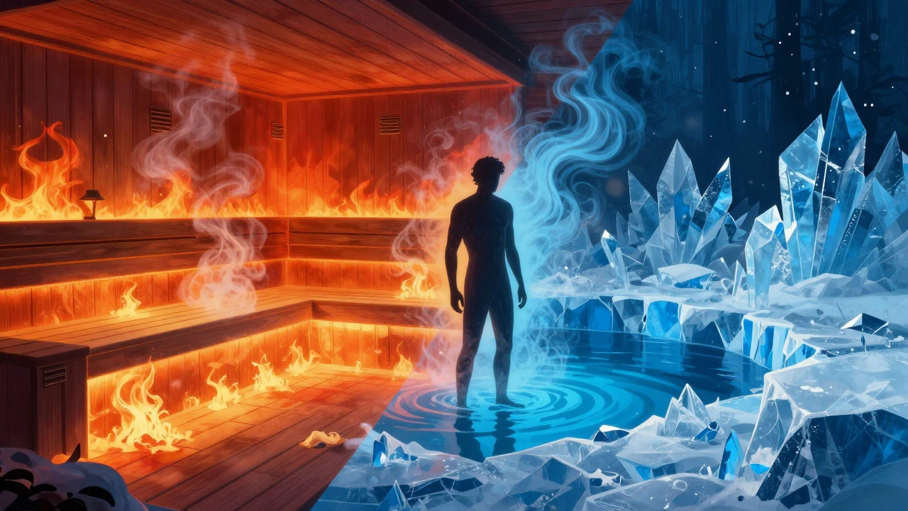 Контраст между жаром сауны и ледяной прорубью, символизирующий стресс для организма