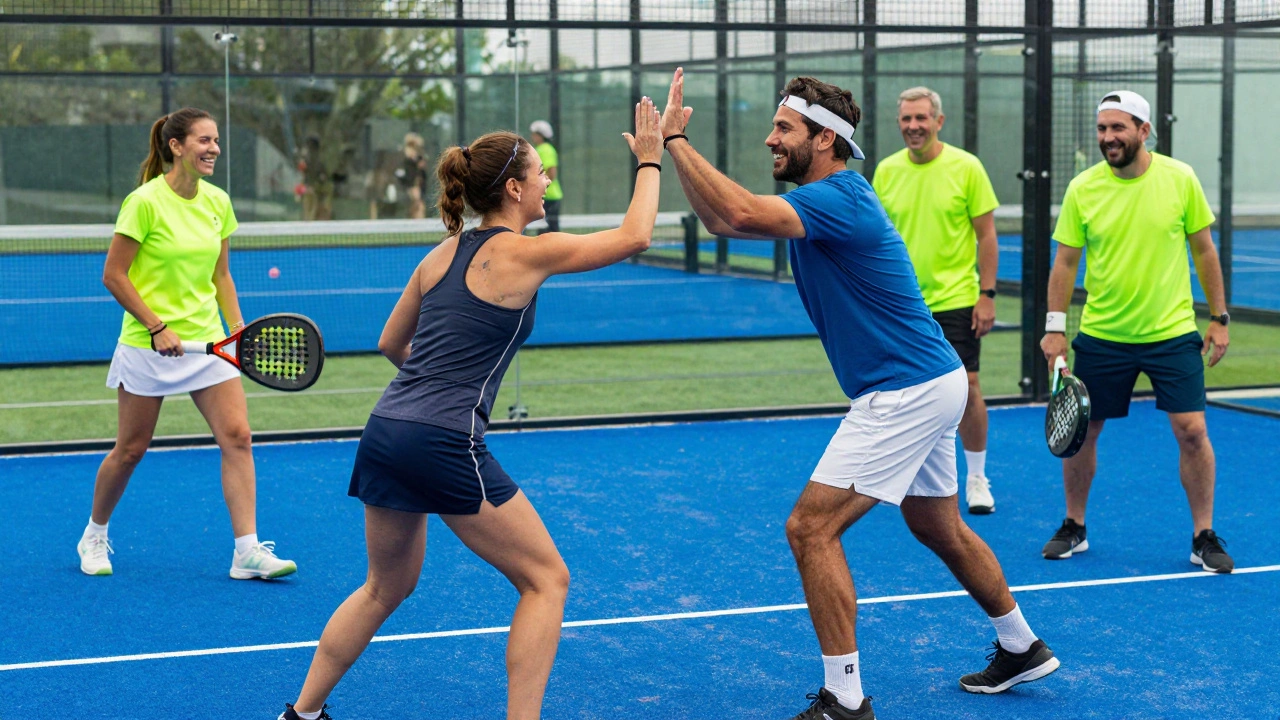 Мужчина и женщина смеются и дают друг другу пять на корте для падел-тенниса