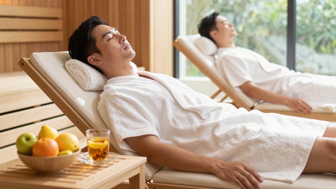 Мужчина отдыхает в спа-зоне с травяным чаем после процедур