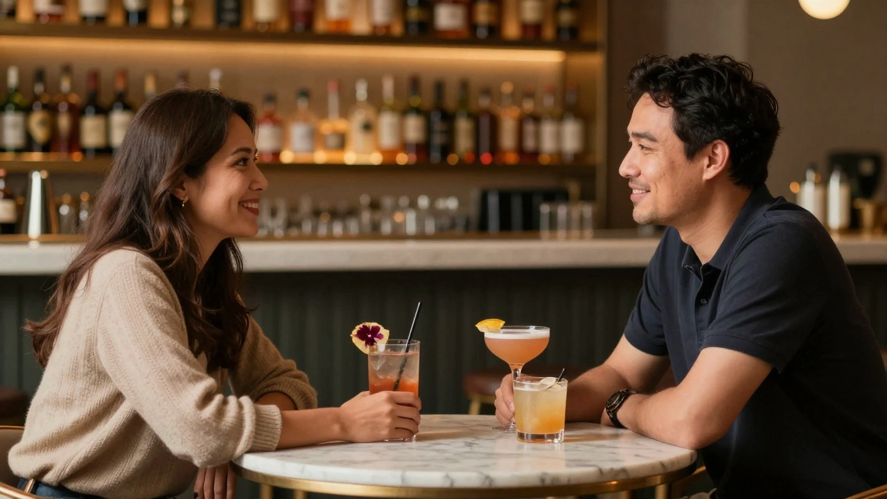 Пара за коктейльным столиком в современном баре, ведущая искренний разговор