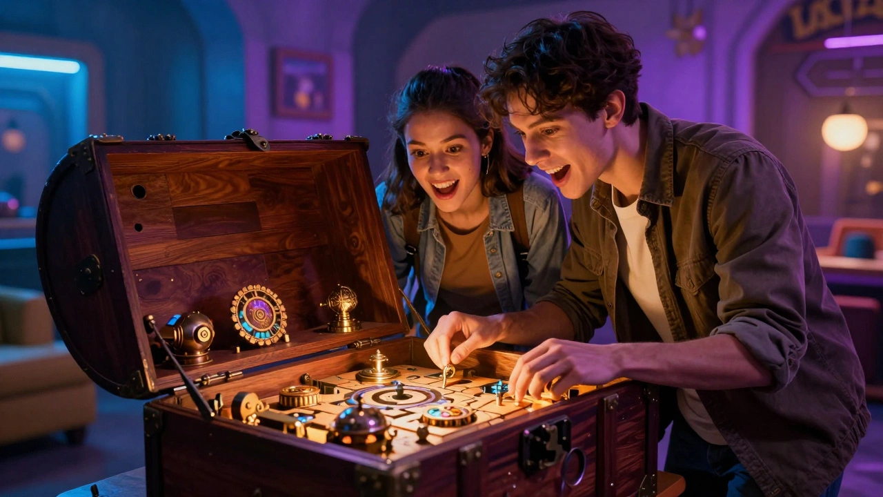 Парень и девушка вместе разгадывают загадки в атмосферной квест-комнате