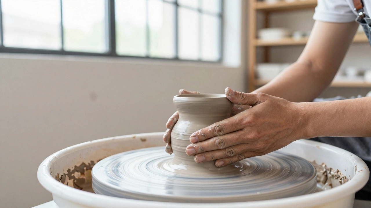 Руки пары совместно создают глиняную вазу на гончарном круге