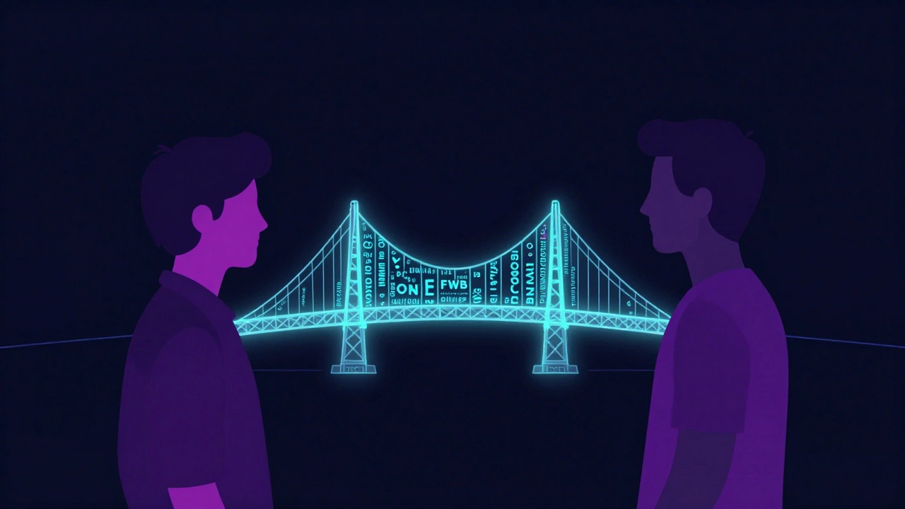 Силуэты людей и светящиеся коды сленга FWB и ONS между ними