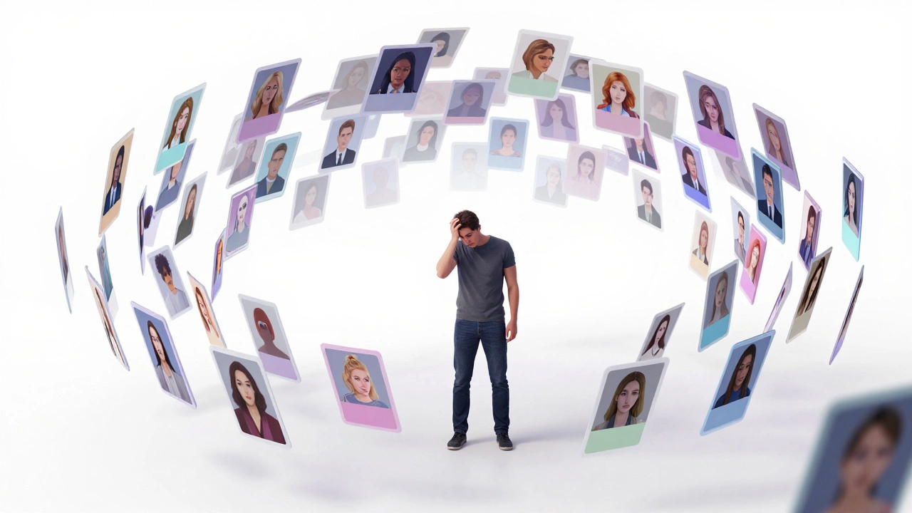 Сюрреалистическое изображение человека в вихре из множества цифровых профилей для знакомств